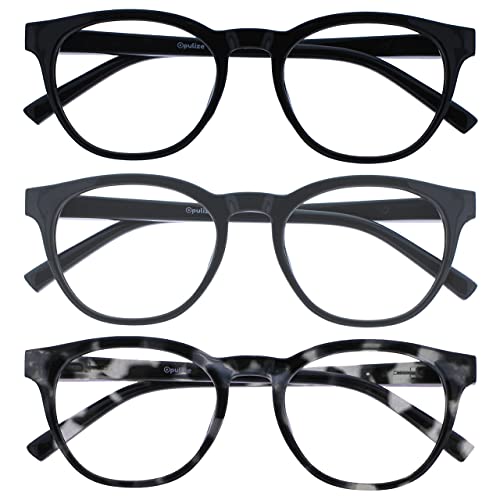 OPULIZE BLU Blue Light Blocking Reading Glasses for Women Men - 3 Pack - Cool Round Frame - Anti-Glare Computer and Gaming Eyewear - UV and Eyestrain Protection - Improve Sleep - Black Grey Tort +3.50