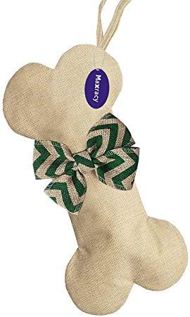 Maxracy Burlap Christmas Stockings Xmas Fireplace Hanging Bone Shape with Bowtie and Hanging Loop for Pet Dog Holiday Decoration Ornaments Make DIY Craft (Brown with Green Bowtie)