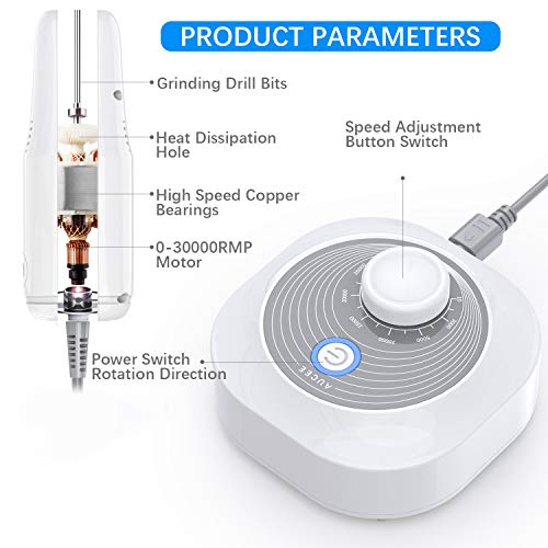 AUCEE Electric Nail Drill, Professional 30000 RPM Nail File Machine Low Noise Low Heat Low Vibration Manicure Pedicure Drill for Acrylic Nails, Gel Nail, Glazing Nail Drill, Nail Art Polisher Sets