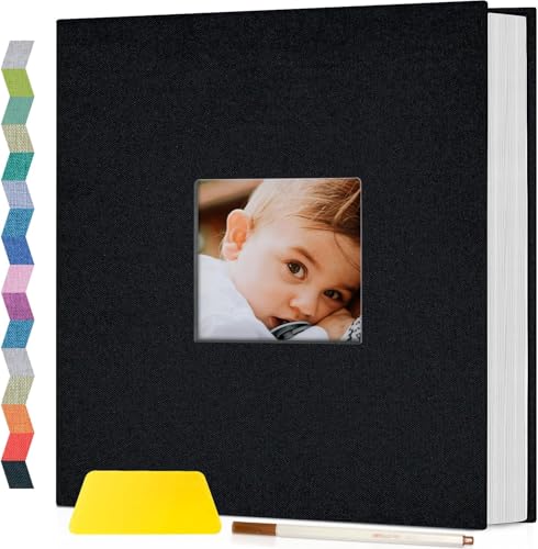Popotop Photo Album Self Adhesive with Picture Display Window,40 Pages DIY Scrapbooking Supplies Kit for 4x6 8x10 Picture,Linen Cover Memory Book for Baby Wedding, with Scraper and Metallic Pen