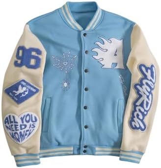 SOLY HUX Men's Letter Graphic Varsity Jacket Button Front Long