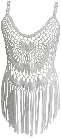 Honey Eminem Women's Sexy Fishnet Strap Handmade Crochet Bikini Cover Up Swimwear With Tassel, (Black,White)