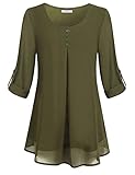 Cestyle Tunic Blouses, Women's Roll Up Sleeve Round Neck Leggings Tops 2017 Fashion Clothes Drape Hem Chiffon Long Shirt For Office Olive Green X-Large