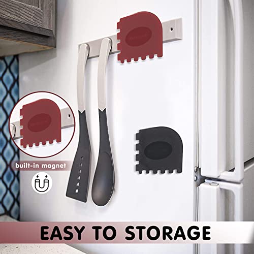 TMEDW Grill Pan Scraper, Cast Iron Scraper with Built-in Magnet and Thumb Rest, Durable Pot Scraper, Pan Scraper Plastic for Cast Iron Skillets, Grill Pan, Griddles and More, Red and Black, 4 Pack