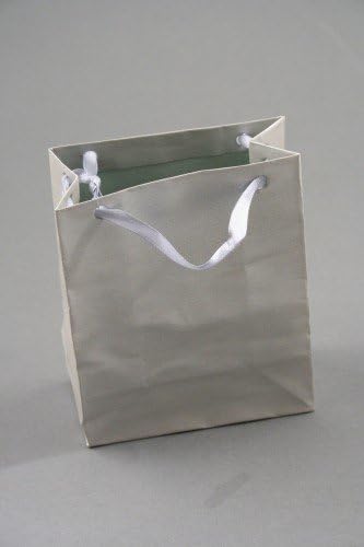 Metallic Silver Grey Gift Bag with Ribbon Handle. 12 Pieces