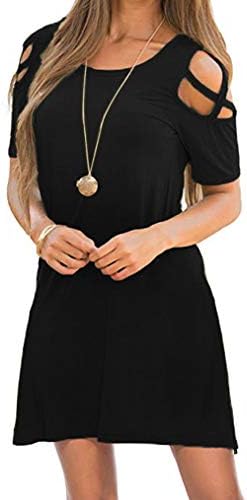 Queensheero Women's Summer Strappy Cold Shoulder Tunic Top Swing T-Shirt Loose Dress with Pockets
