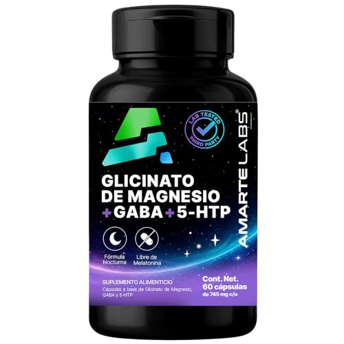 AMARTE LABS Fórmula Nocturna Sin Melatonina Magnesio Glicinato GABA 5HTP L Teanina Descanso y Relajación 60 Cápsulas
