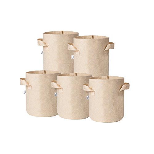 Hydro Crunch 1 Gallon 5-Pack Grow Bags Fabric Aeration Pots Container with Strap Handles, Tan