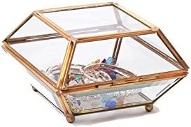 Golden Polygon Shapes Vintage Style Brass Tone Metal Chest Geometric Terrarium Window Box Storage Stage Property Clear Glass Mirrored Shadow Box Jewelry Display Case Air Plant Slanted Top Swing Lid