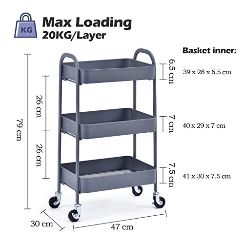 TOOLF No Screw Rolling Cart, 3Tier Easy Assemble Utility Cart, Sturdy