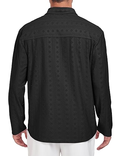 ZAFUL MENS LONG SLEEVE CUBAN GUAYABERA STYLE EYELET BUTTON DOWN SHIRTS CASUL LIGHTWEIGHT WRINKLE FREE BUTTON UP DRESS SHIRT BLACK