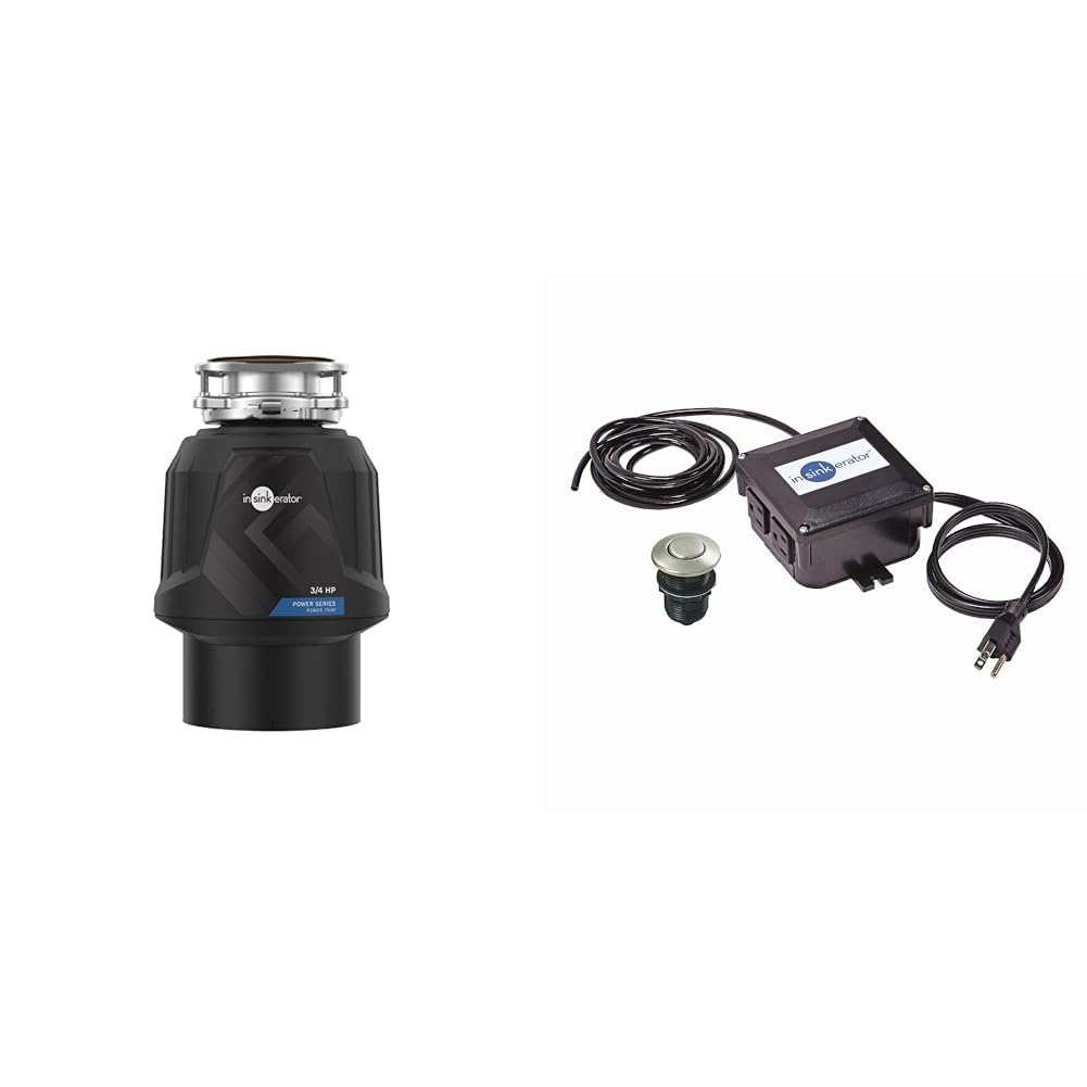 InSinkErator Power .75HP, 3/4 HP Garbage Disposal, Power Series EZ Connect Food Waste Disposer + InSinkErator Garbage Disposal Air Switch Kit, Dual Outlet Sink Top Switch Button, Satin Nickel STS-OOSN Image