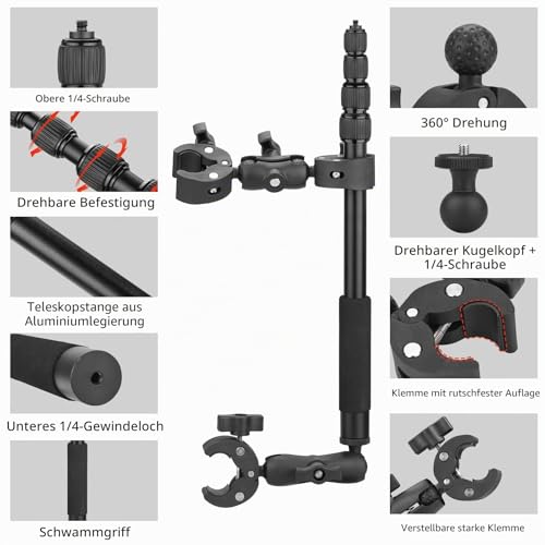 BRDRC Motorcycle Mount for Insta360 X4 X5, Bicycle Handlebar Mounting Kit with 150 cm Invisible Selfie Rod Double Clamp for Insta 360 X5 X4 X3 X2 X ONE RS R Go 3S Ace Pro, for GoPro Camera Accessories