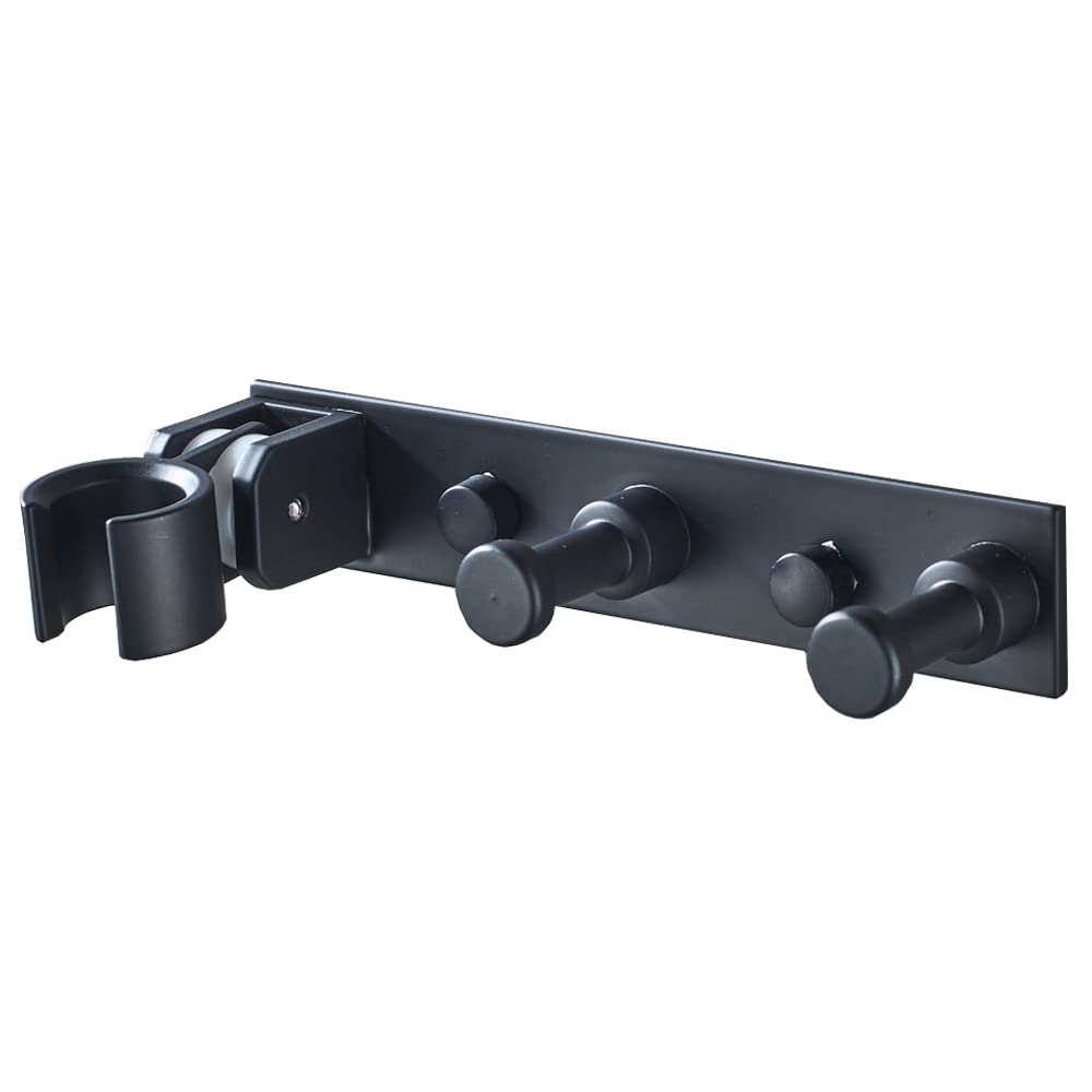 Melairy Multifunctional Shower Head Holder Removable Nail Free Handheld Shower Head Holder with Two Hooks Shower Head Holder in Aluminium, Wall Mount Bathroom Storage Rack Black（15.5CM）