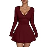XXTAXN Women's Sexy Wrap V Neck Long Sleeve Flowy Hem A Line Ruched Waist Corest Mini Dress
