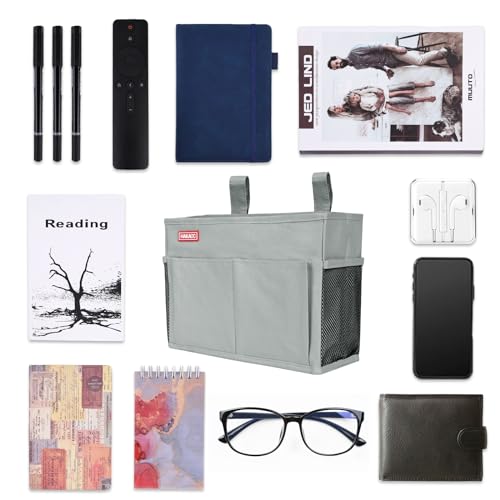 HAKACC Bedside Storage Organizer, Hanging Bed Organizer Bedside Caddy Remote Holder for Home College Dorm Light Grey