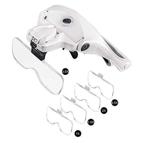 BIJIA Head Magnifier-USB Rechargeable LED Illuminated Head Mount Magnifying Glass with Headband,2 LED Light,5 Interchangeable Lens for Jewelry Loupe,Crafts,Electronics Repair,Hobby,Eyelash Extension