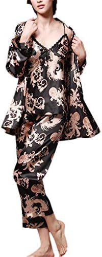 JIANGTAOLANG New 3Pcs Dragon Printing Robe Pants Sets Rayon SLace Sleep Lounge Home Service for Couple
