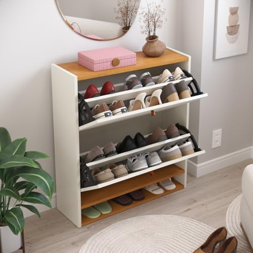 Sapateira Safira 2 Portas Basculante 15 Pares Calçados Nicho Inferior Organizador Decoração Quarto Sala Hall Entrada Apartamento Compacta (Off White/Cinamomo)