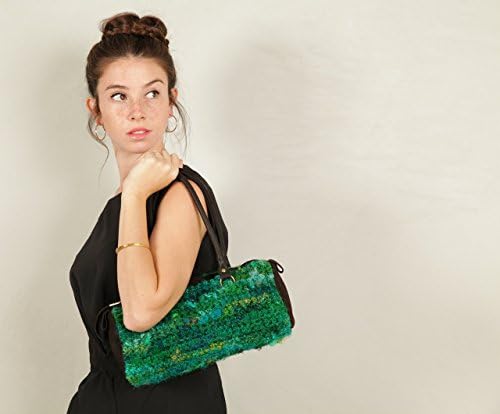 One of a kind! Handmade Shoulder Handbag - Green Soft Silky Hand Knitted Handbag Made of 100% pure Recycled Silk Yarn