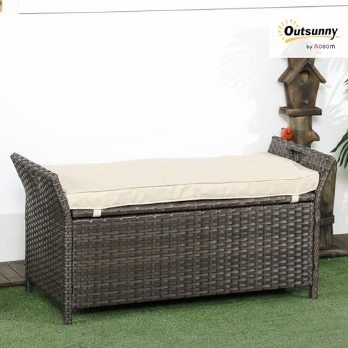 Outsunny 2-in-1 Patio Wicker Storage Bench, 29 Gallon Outdoor PE Rattan Patio Furniture, Large Capacity Rectangle Basket Box with Handles and Cushion, Cream White