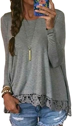 MirrorWomen Baggy Lounge Long Sleeve Round Neck Lace Hem Tees Pullover Top T Shirt Grey 2XL
