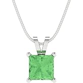 Clara Pucci 1 cttw Green Simulated Diamond White Gold-Plated Silver Necklace and Pendant for Women (16" Box Chain,Princess Cut,5.5mm)