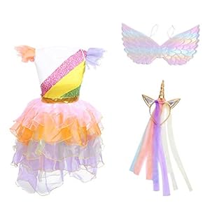 LUOEM 3Pcs Eenhoorn Kostuum Kinderen Verkleedoutfits Bijenvleugels Eenhoorn Hoofdband Tutu Rok Jurk Set Eenhoorn Kostuum…
