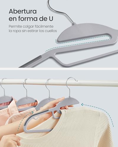 SONGMICS 50 Perchas de Plástico, Antideslizantes, Ahorro de Espacio, 41,5 cm de Largo, Gancho Giratorio 360º, Gris Claro y Gris Oscuro MCRP41G-50
