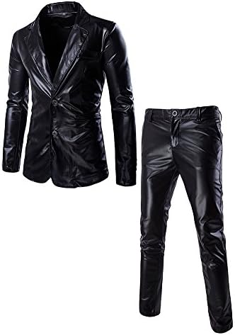 JKQA Men's Metallic Slim Fit Casual Blazer Jacket 2 Piece Outfit Suit (XL, Black)