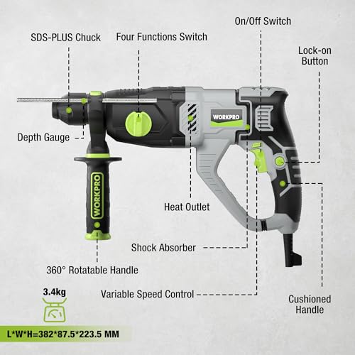 WORKPRO SDS Plus 1050W Hammer Drill with 4 Functions, Variable Speed and 360° Rotating Handle, Includes Drill Bits for Concrete, Wood and Metal