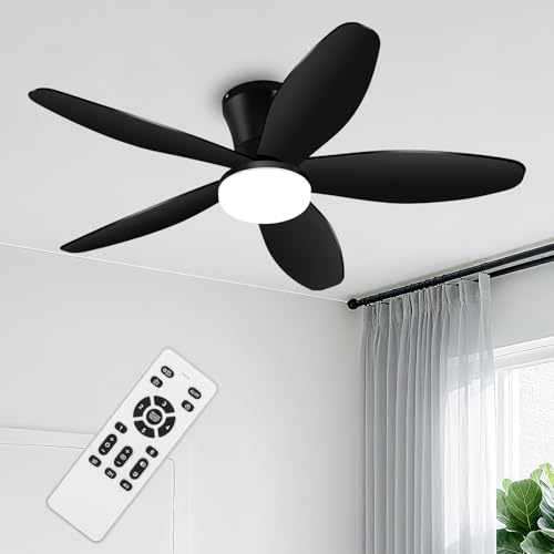 Yoedivu Black Ceiling Fan with Light, 42 Inch Low Profile Flush Mount Ceiling Fan 6-Speed Wind, Quiet Reversible DC Motor, 3 Color Dimmable Lighting, Small Ceiling Fan for Living Room/Kitchen/Bedroom