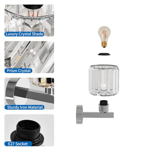 ANWIO Interior Glass Wall Sconce, Silver Bedroom Wall Lamp, E27 Wall Lamp, Modern Hallway Sconces for Bedroom, Bedside, Living Room, Staircase (2U, No Bulbs)