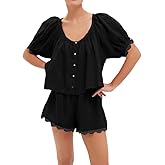 VAOYIU Women's Casual Elegance Two-Piece Linen Outfit Set with Scalloped Hem Summer Round Neck Puff Short Sleeve Top (Black-L)