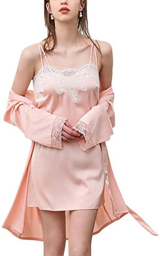 AIKOSHA Women's Lace Silky Satin Trim Strappy Night Dress and Dressing Gown 2 Piece Nightie Set