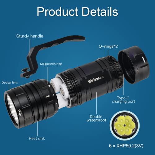 Wurkkos DL06 15000 Lumens Rechargeable Diving Light 6 LED XHP50.2 Powerful Underwater Flashlight with Charger Built-in USB-C Charging Port, 3 x 5000mAh Power Supply