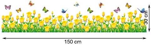Uniquely Children Bedroom Home Decor Mural Vinyl Wall Sticker Yellow Tulip Bushes Colorful Butterflies Kids Nursery Room Wall Art Decal Paper
