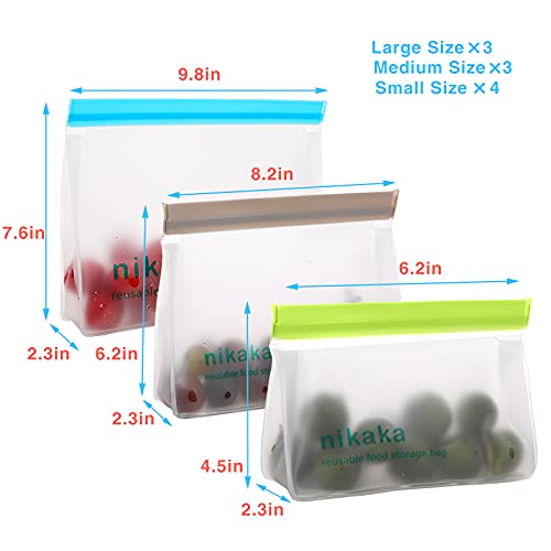 Nikaka Reusable Food Storage Bags 10 Pack, FDA Grade Stand Up Reusable