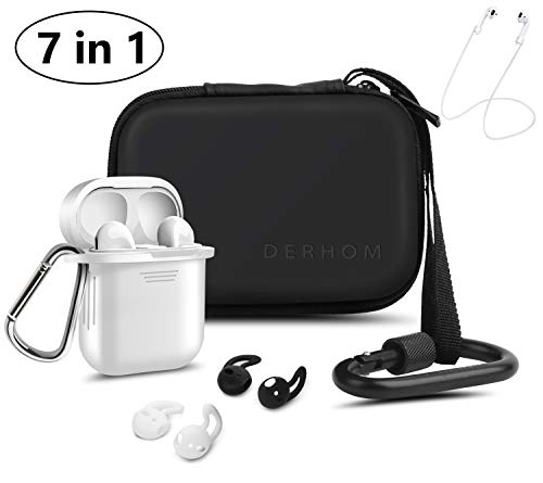 Compatible Airpods Accessories – Derhom Waterproof Silicone Hang Case Cover Anti-Lost Strap, Ear Hooks, Keychain, Headphone Accessories Storage Travel Bag Compatible Airpods (White)