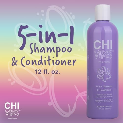 CHI VIBES FOR DOGS 5-IN-1 SHAMPOO & CONDITIONER, CLEANS + DEODORIZES + MOISTURIZES + DETANGLES + HELPS DE-SHED, VEGAN PH BALANCED, GLUTEN & PARABEN FREE, MADE IN USA, 12 FL OZ