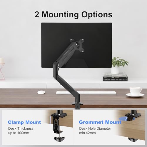 Suptek Single Monitor Arm Gas Spring, Monitor Arm Desk Mount for 17-35 inch Monitors up to 11kg, Tool Free Height Adjustable Screen Arm with Tilt Swivel Rotation, VESA 75/100mm, C-clamp/Grommet Option
