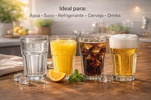 Kit 6 Copos de Vidro 400ml – Design Facetado Moderno, Vidro Espesso e Resistente, Ideal para Água, Suco, Refrigerante, Cerveja e Drinks