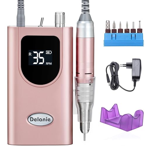 Delanie Professional Nail Sander 35000RPM Portable Rechargeable with LCD Display and 6 Sanding Bits for Pedicure Manicure, Powerful, Quiet for Salon/Home