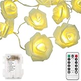 echosari [Updated Version] Battery Operated 15 ft 30 LED White Rose Flower Fairy String Lights with Remote for Valentine's, Wedding, Bedroom, Indoor Decoration (Dimmable, Timer, 8 Modes, Warm White)