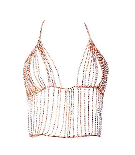 KimYoung Women Rhinestone Body Chain Jewelry Sexy Chain Skirt Bikini Chain Bra for Nightclub Party Beach (Rose Gold Body Chain - Bra)