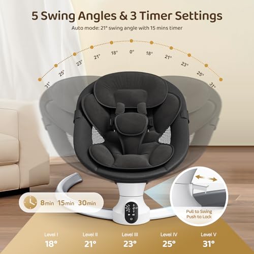 Brolteja Electric Baby Bed for Kids, Bluetooth Swing with APP and 3 Stage Timer (Black) 5 Speed Oscillation and Remote Control