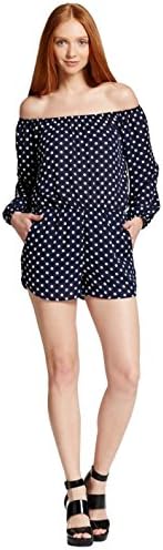 Shameless Women's Polka Dot Off the Shoulder Romper (Medium, Navy/White Polka Dots)