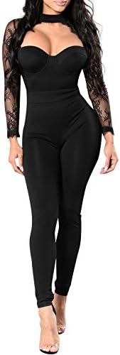 Synker Women's Mesh Lace Long Sleeve Bodycon Jumpsuit Playsuit Rompers