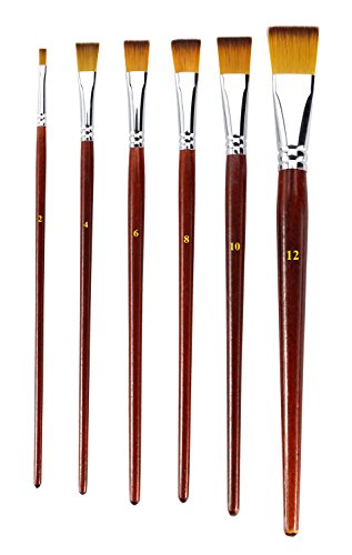 BeeChamp 6pcs Synthetic Nylon Hair Flat Art Paint Brush Set for Water-based Painting Watercolors, Acrylics and Oils