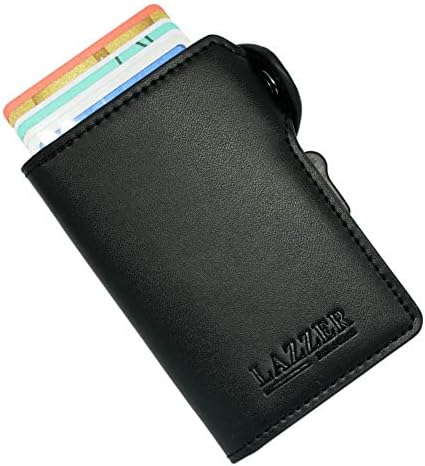 RFID Blocking Card Ejector Slim Genuine Leather Minimalist Wallet with Gift Box | Holds Total of 7 Cards + Bank Notes Cash Storage | Thumb Slider Pop Up Wallet | LAZZER Wallet